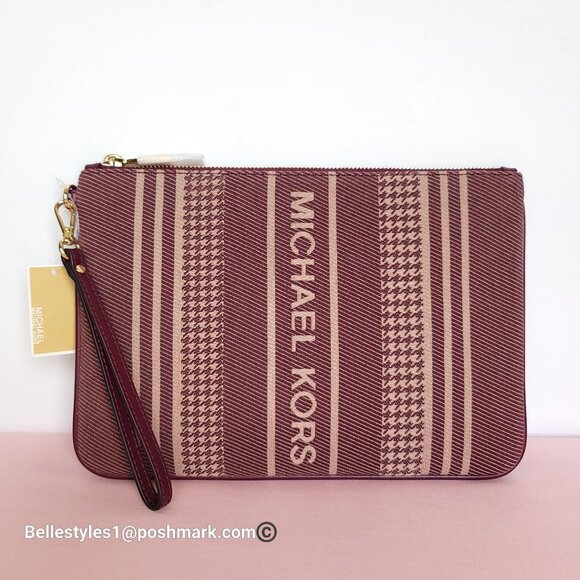 MICHAEL KORS Jet Set Signature Jacquard Large Zip Pouch Wristlet- Dark Berry ⭐ - Picture 2 of 16